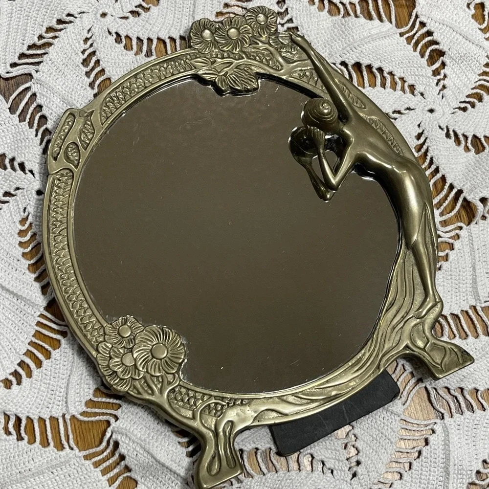 Vintage Art Nouveau Brass Mirror Lady of Lake Flower Vanity Frame